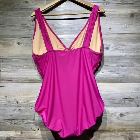 J Crew Ruched V-Neck One Piece Swimsuit Shaping Fuchsia Pink Plus Size 20 BC116 - Picture 5 of 8